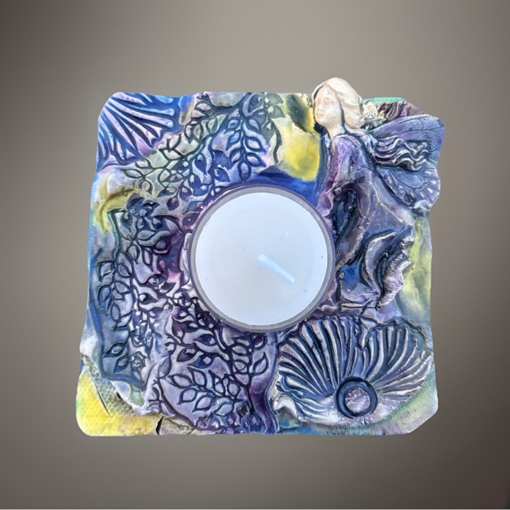 Handmade Ceramic Tea Light holder Blue Purple Fairy angel Whimsy Hippie Unique